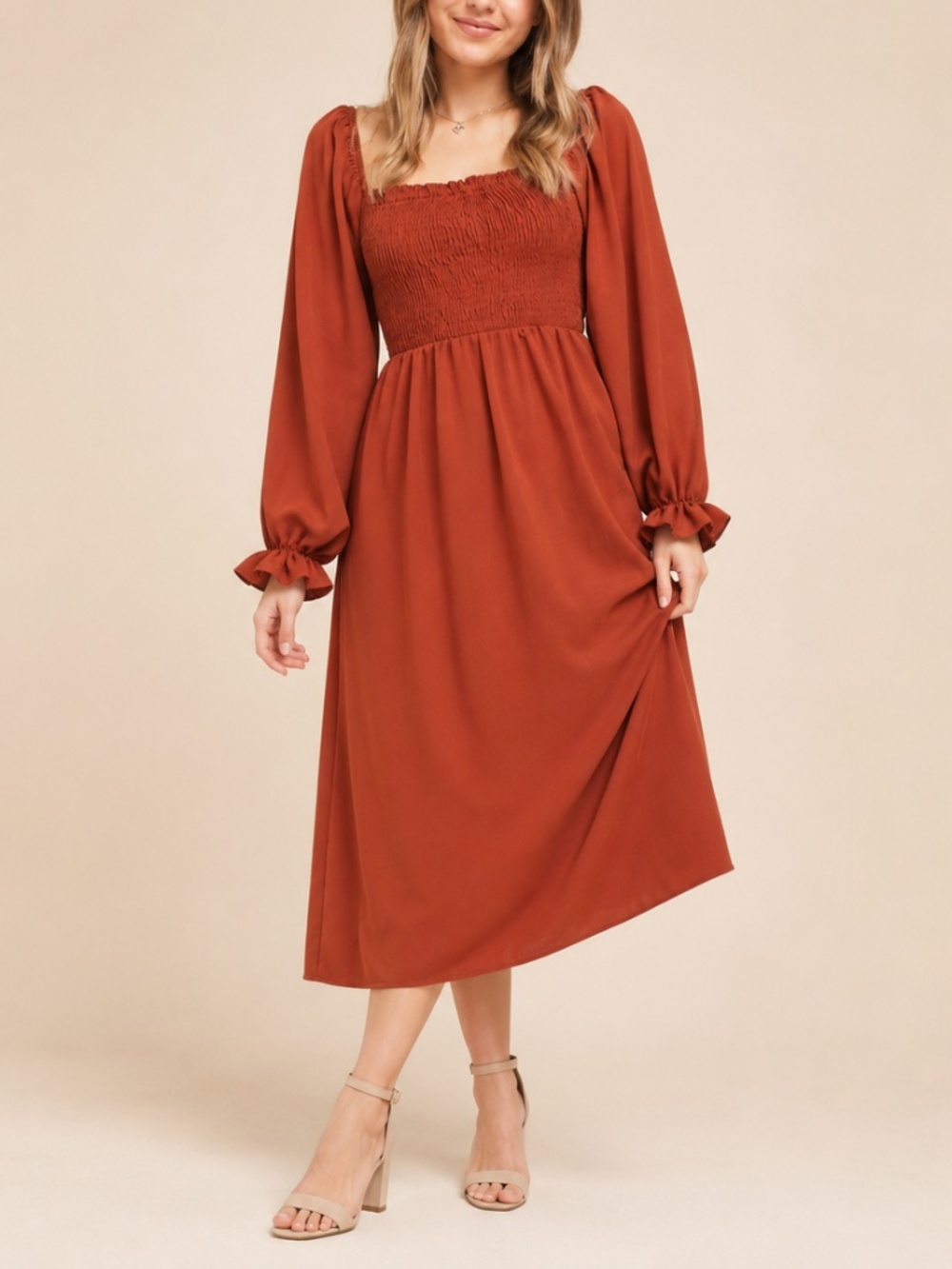 NWT ASOS New Look Shirred Square Neck Midi Dress in Rust Size 8 Dark Orange